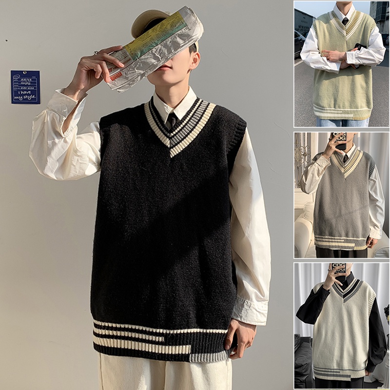 Áo gile nam cổ v trơn viền sọc sinh viên công sở ulzzang phong cách Hàn Quốc