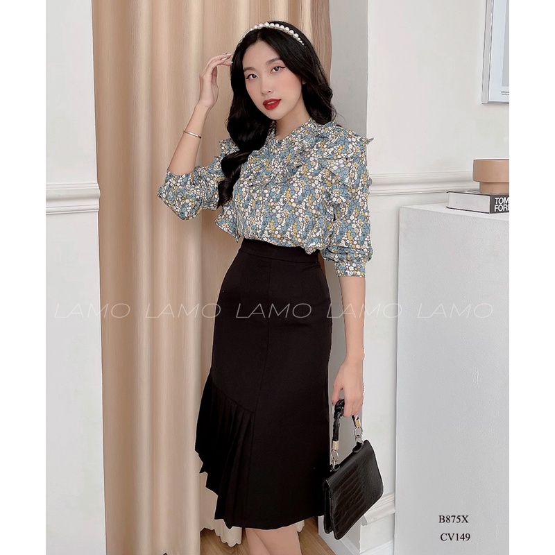 Áo sơ mi hoa bèo V tay dài LAMO- B875