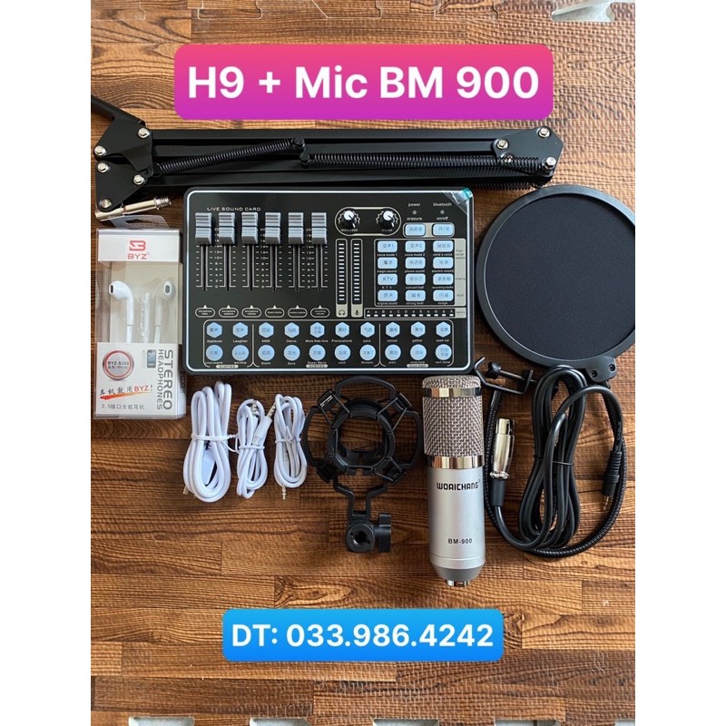 Combo Sound Card H9 Mic Thu Âm BM 900 Có Auto Tune Tặng Kèm Chân Kẹp , Màng Lọc , Tai Nghe , Bảo Hành Lên Đến 6 Tháng