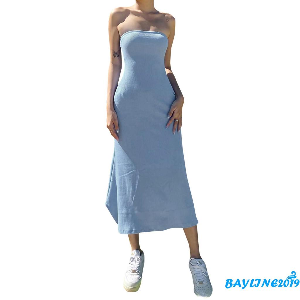 Đầm Ống Dài Không Dây Màu Trơn Thanh Lịch Thời Trang Mùa Hè Cho Nữ