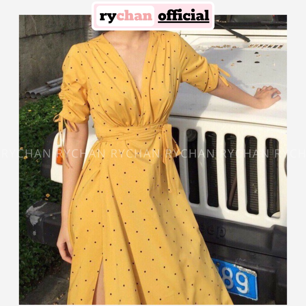DM693 - Đầm Maxi Chấm Bi Cổ V Xẻ Đùi Tay Ngắn Rút Dây Eo Thắt Nơ 2 Màu Vàng Đỏ