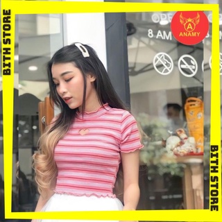 Áo croptop nữ thun gân kẻ sọc khoét trái tim ôm body thời trang nhiều màu