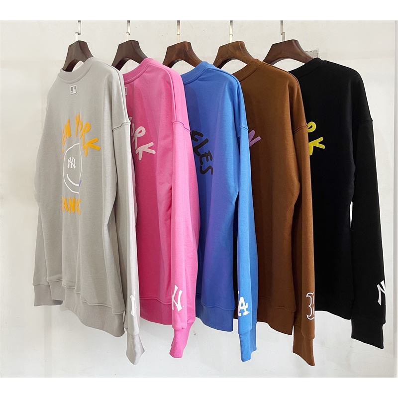 MLB Áo hoodie cotton tay dài in hình mặt cười thời trang cho nam nữ