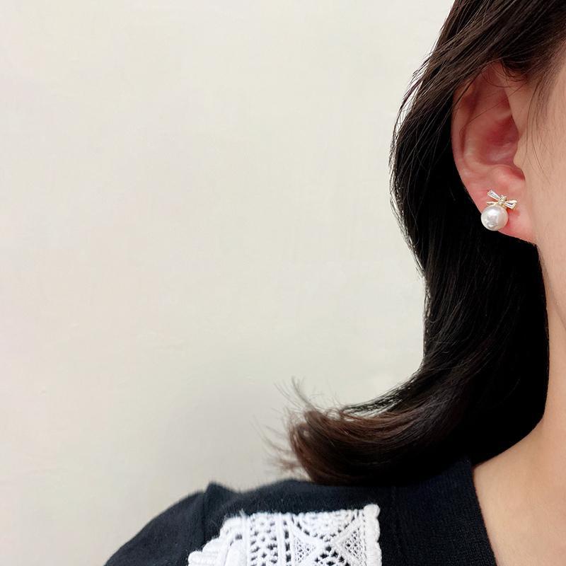 Bông tai hình nơ đính đá Zircon phối ngọc trai nhân tạo phong cách châu Âu thời trang mùa hè cho nữ