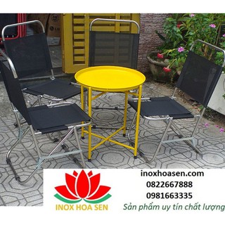Bàn ghế cafe xếp, trọn bộ 4 ghế xếp inox vải đen và 1 bàn trà chanh