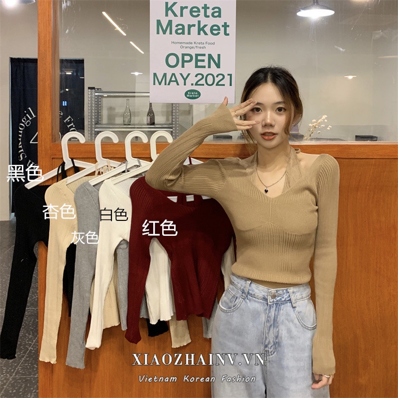 Xiaozhainv Áo thun tay dài cổ chữ V 6 màu thời trang cho nữ