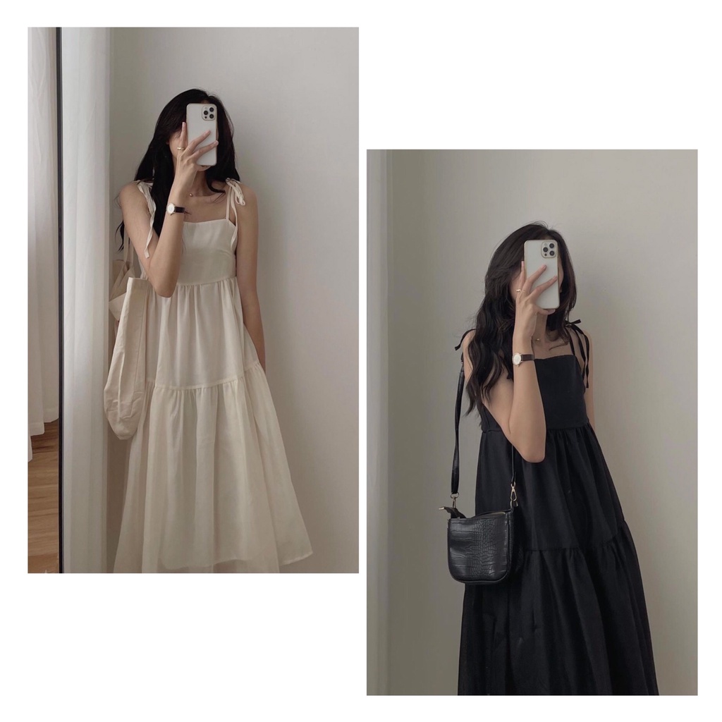 [Ảnh thật] Váy 2 dây babydoll voan tầng thắt nơ vai 2 lớp ulzzang - Đầm hai dây maxi dáng xòe 3 tầng