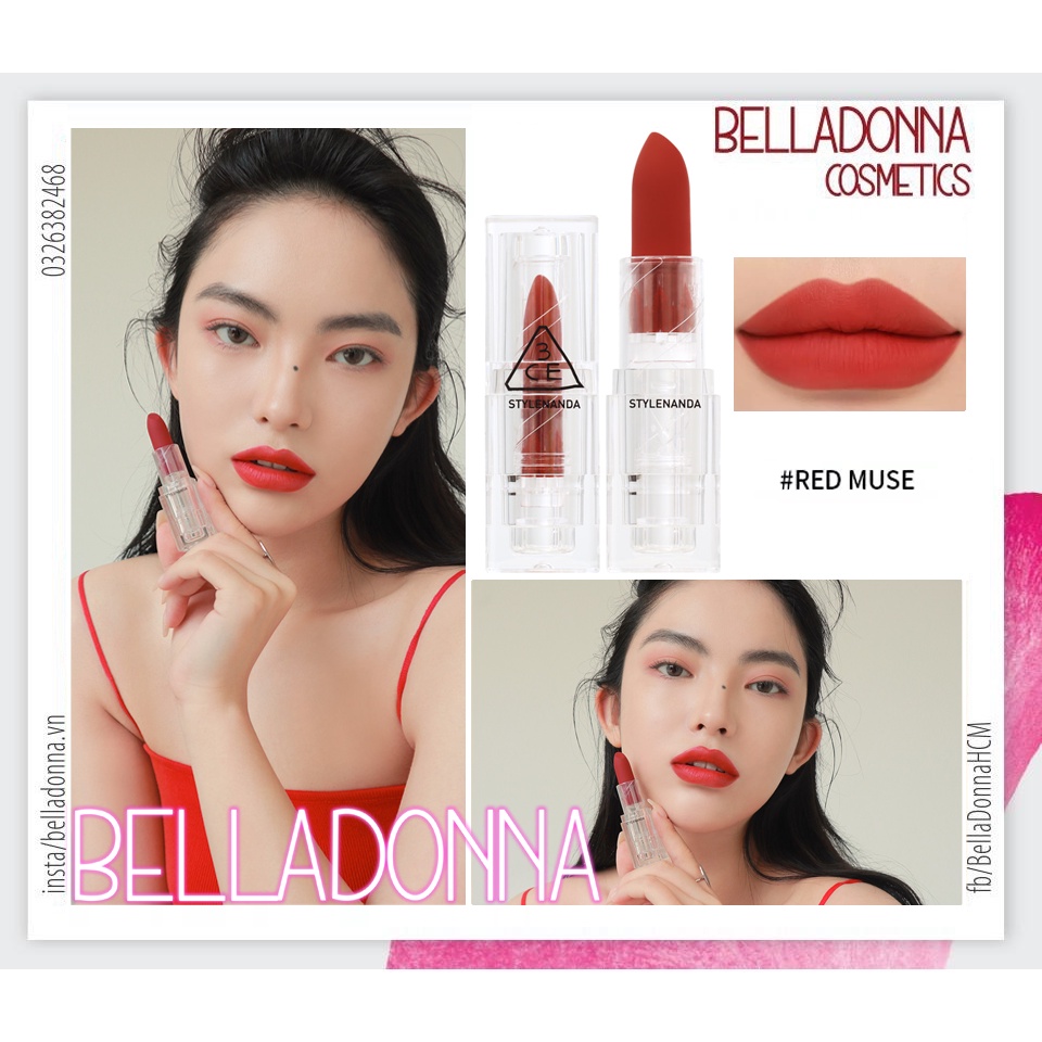 [PHIÊN BẢN GIỚI HẠN] Son Thỏi Lì, Lên Màu Siêu Chuẩn 3CE Soft Matte Lipstick 3.5g #Red Muse: Màu Đỏ Cam Tươi Sành Điệu