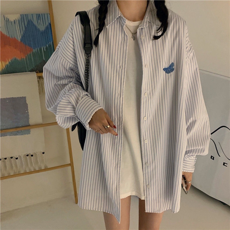 IELGY Áo sơ mi nữ dáng rộng tay dài cổ polo kẻ sọc họa tiết thêu thời trang Hàn Quốc