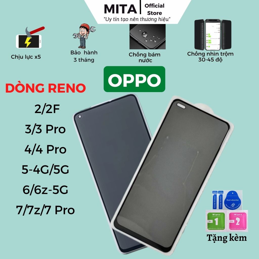 Kính cường lực Chống nhìn trộm Oppo Reno 3 / 4/ 5/ 5 5g/ 6/ 6z/ 7/ 7z/ 7 pro/ 8-Cảm ứng mượt mà-Chống trầy xước