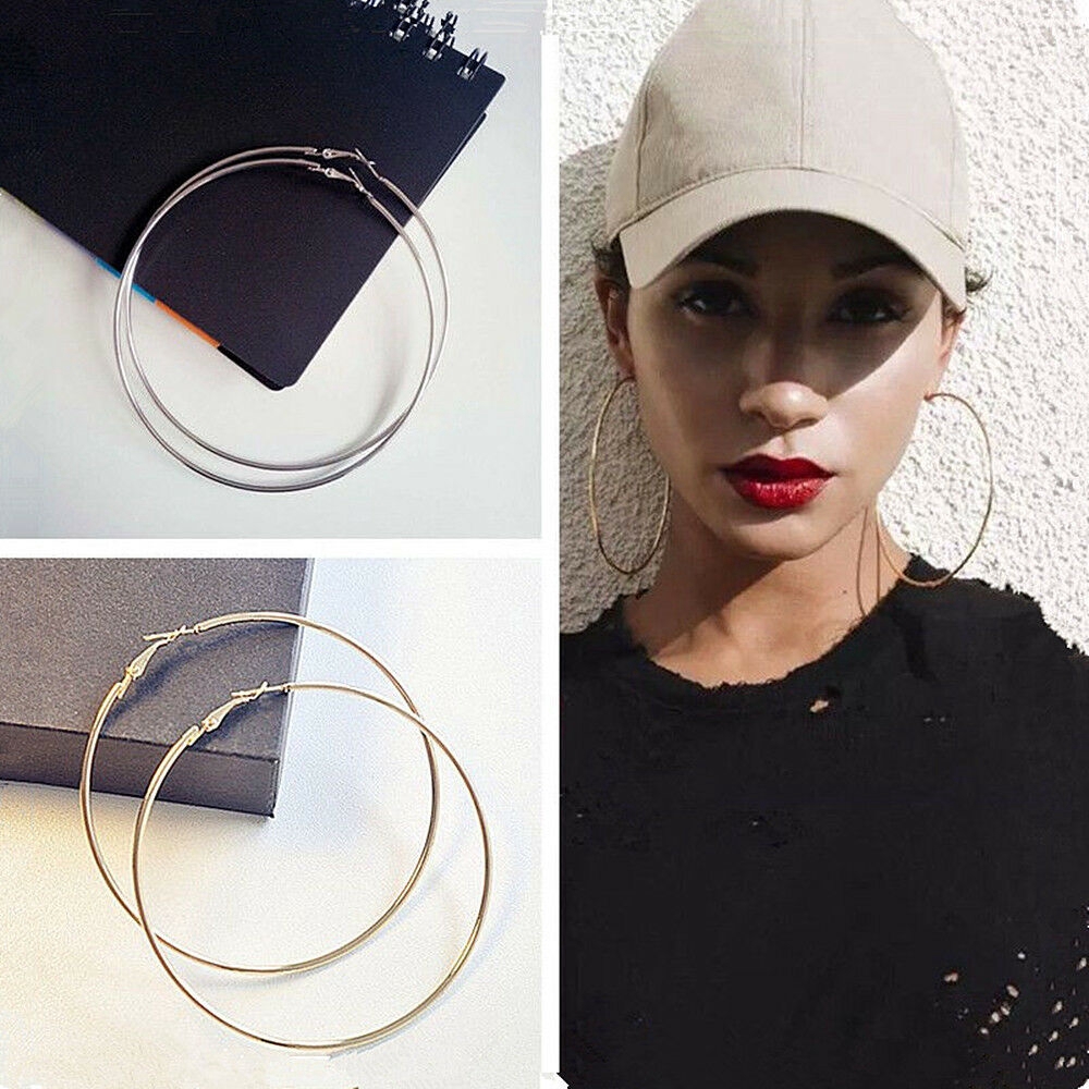 Ins Contracted Hyperbole Gold Silver Earrings Metal Big Circle Smooth Large Ring Hoop Earrings