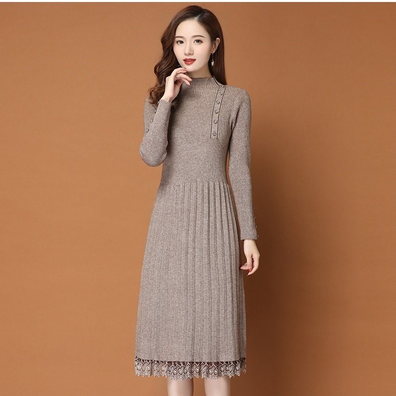 Đầm len gân thu đông tay dài, Đầm len suông cổ cao pha ren dự tiệc nữ Al73