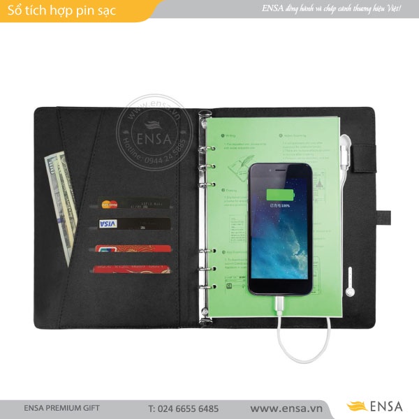 Sổ ghi chép bìa da tích hợp pin sạc dự phòng 8000mAh, USB khắc tên theo yêu cầu, có kèm hộp quà tặng cao cấp