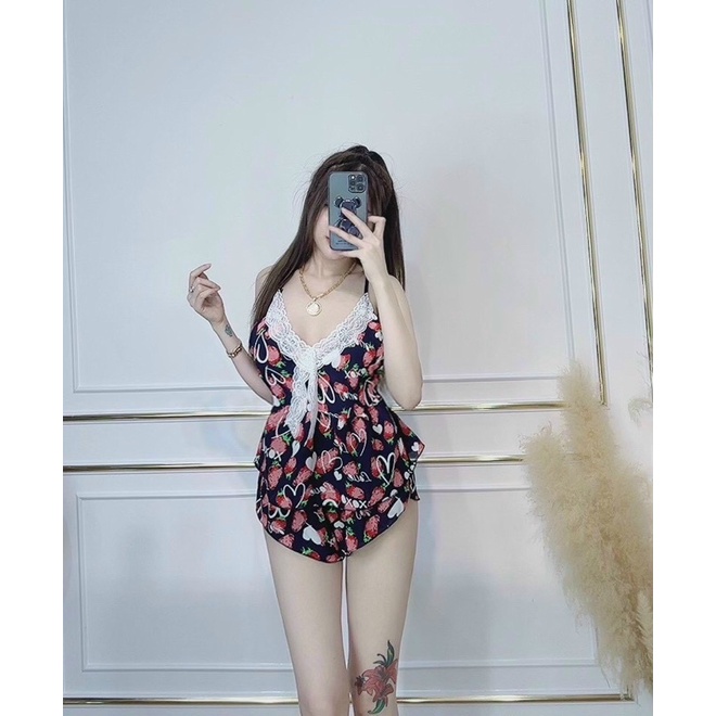 Đồ Ngủ Sexy -❤Bộ Ngủ Hoạ Tiết ❤Phối Ren Hoạ Tiết Có Tăng Chỉnh Form 40-55kg