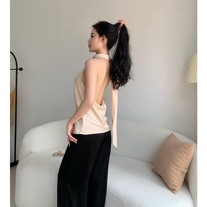 SMOOTH TOP/ ÁO LỤA HỞ LƯNG CỘT NƠ CỔ( nhận may theo số đo)