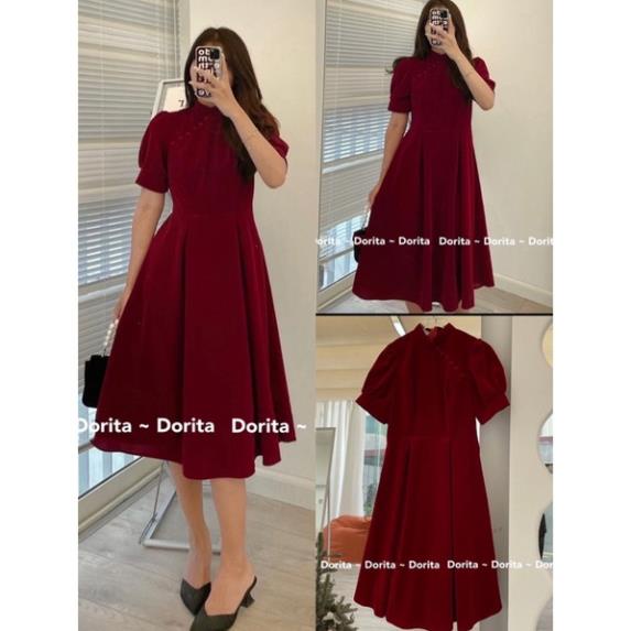 Váy nhung đỏ đô cổ tàu chiết eo nhẹ xoè dài, Đầm nhung cổ tàu - Dorita Boutique