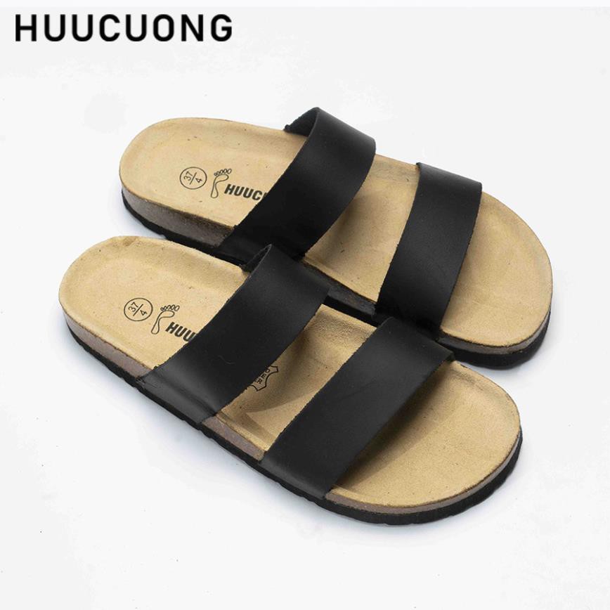 Dép unisex HUUCUONG  2 Quai Ngang Quai Da Thật Màu Đen Đế Trấu