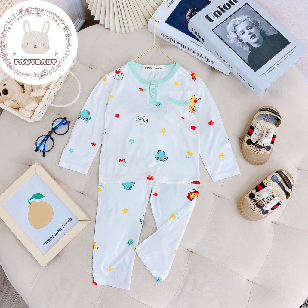 Bộ Dài Tay Bé Trai Bé Gái MINKY MOM Chính Hãng Thun Lạnh Có Nút Và Túi Hình In Gấu Cừu Cho Bé 0 1 2 3 4 5 Tuổi-Favybaby