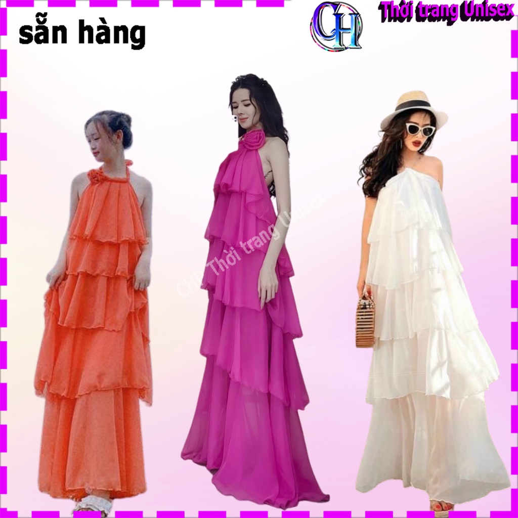 SIÊU HÓT  Đầm Maxi hai dây xích hoặc cổ hoa đi biển dáng dài xếp tầng Váy dự tiệt du lịch yếm xích 5 tầng hở vai M01