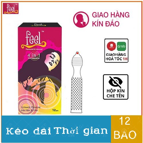 Bao cao su Gai Feel 4 in 1 [CHÍNH HÃNG] Bao cao su Gân Gai Kéo dài thời gian - Hương dâu,Hộp 12 bao, Sự kết hợp hoàn hảo