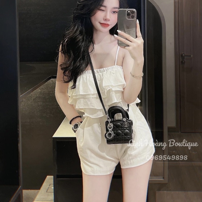 Set 2 dây bèo tầng chun ngực mix quần đùi sooc chất đũi tơ