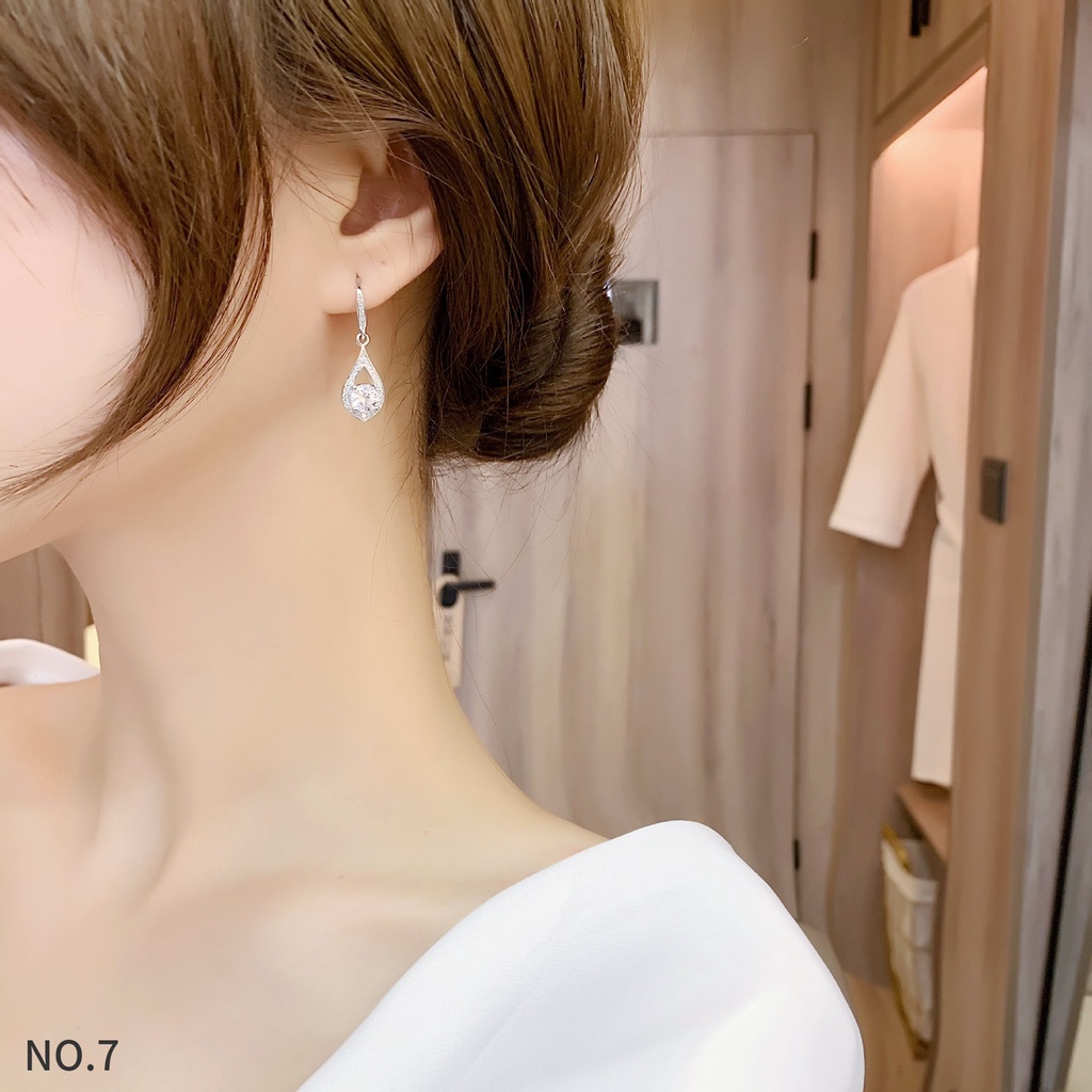 Bông Tai Bạc 925 Dáng Dài Đính Kim Cương Trắng Thanh Lịch Thời Trang