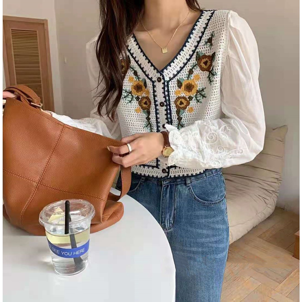 SUXI Áo Sơ Mi Dài Tay Cổ Chữ V Thêu Trang Trí Phong Cách Retro Thời Trang Mùa Thu Dành Cho Nữ