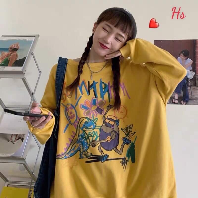 áo nỉ bông cổ tròn dài tay dáng rộng sweater vẽ khủng long người tiền sử Hs TC
