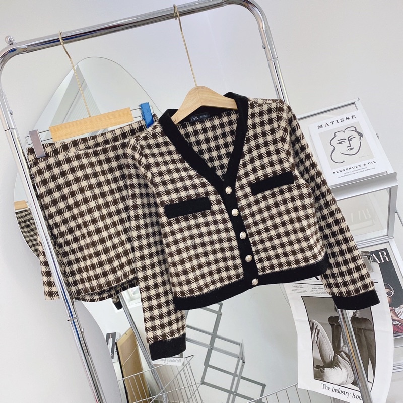 SET DẠ ZICZAC NÂU - ĐEN VIỀN : ÁO TAY DÀI + CHÂN VÁY