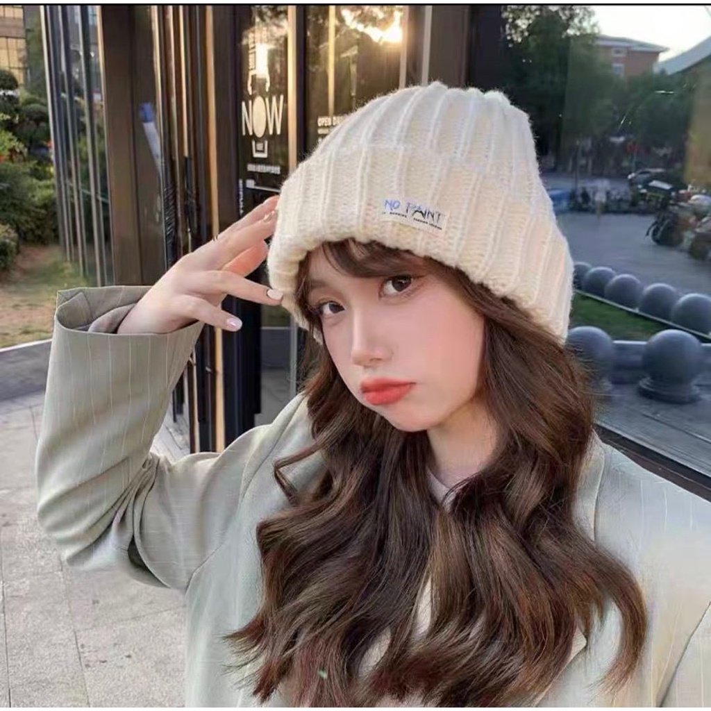 Mũ len dày giữ ấm màu trắng sữa thời trang thu đông cho nữ