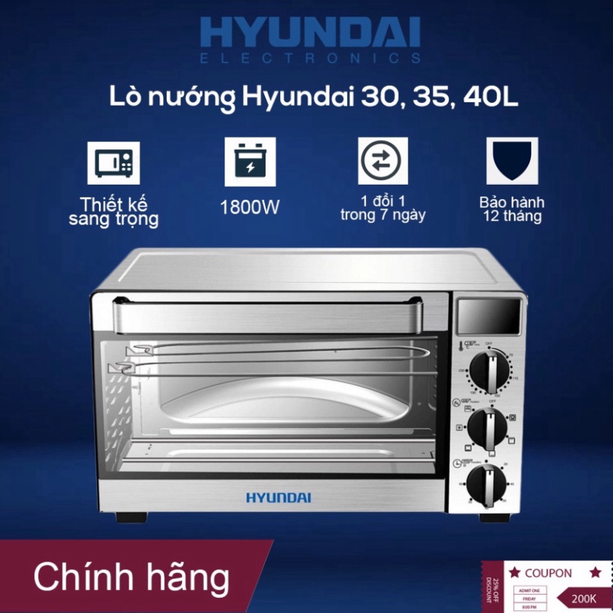 Lò nướng Hyundai HDE 3000S bếp nướng điện 30L quay đảo chiều nướng chín đều và vàng ươm thức ăn tự động hàng chính hãng