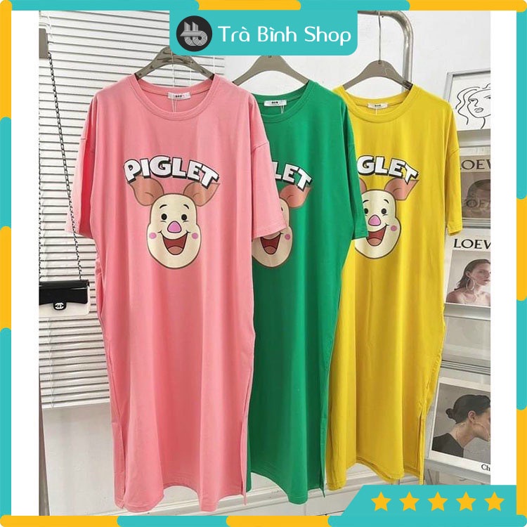 Đầm thun suông form to hình heo piglet Váy cotton cổ tròn ngắn tay dáng suông