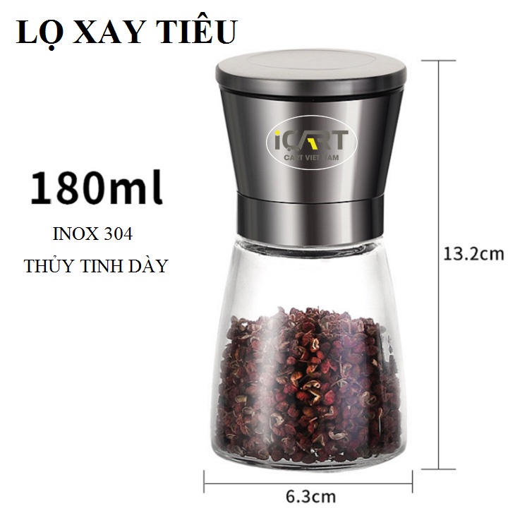 Lọ xay tiêu và đựng tiêu inox không rỉ, lưỡi dao gốm sứ