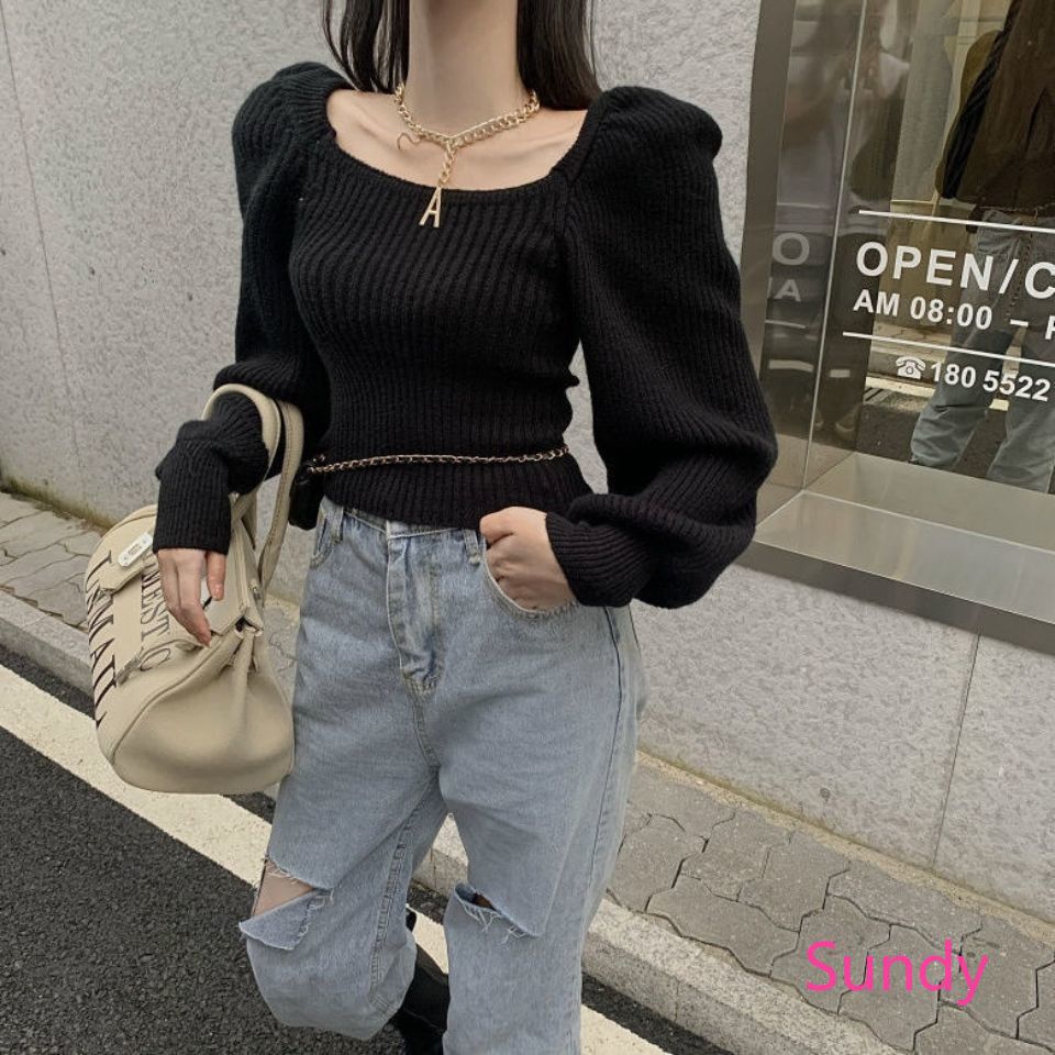 Áo Sweater Dệt Kim Cổ Vuông Tay Phồng Kiểu Retro Pháp Thời Trang Thu Đông Cho Nữ