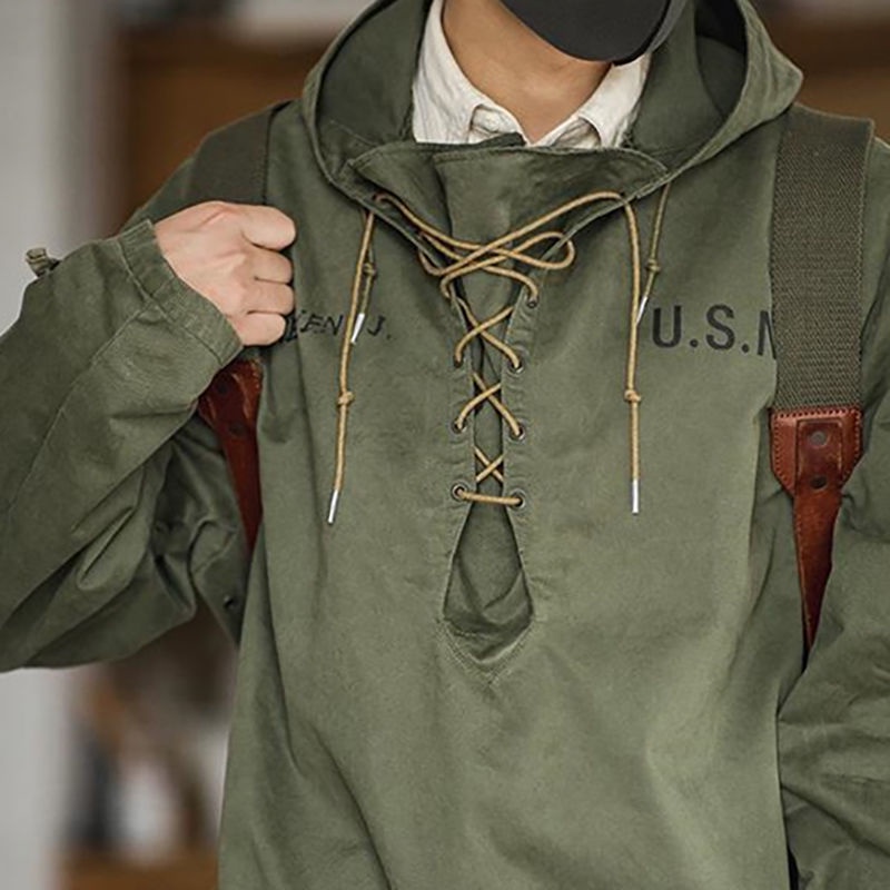 Áo Khoác Nam Tay Dài Có Mũ Trùm Đầu 100% Cotton Màu Xanh Quân Đội Size