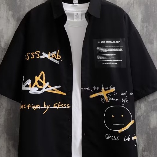 Áo Sơ Mi Ngắn Tay Dáng Rộng In Họa Tiết Graffiti Cá Tính Theo Phong Cách Mùa Hè Hàn Quốc Dành Cho Nam