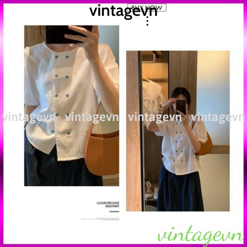 {vintagevn} áo sơ mi nữ ngắn tay cổ tròn 2 đường cúc kèm video+ảnh thật freeship A008
