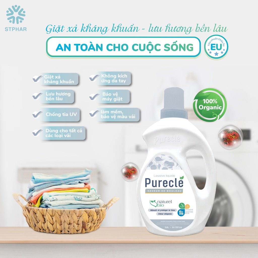 Nước giặt Organic Purecle hương bạch dương, an toàn, siêu sạch, lưu hương lâu, kinh tế - siêu tiết kiệm, can 3.8L