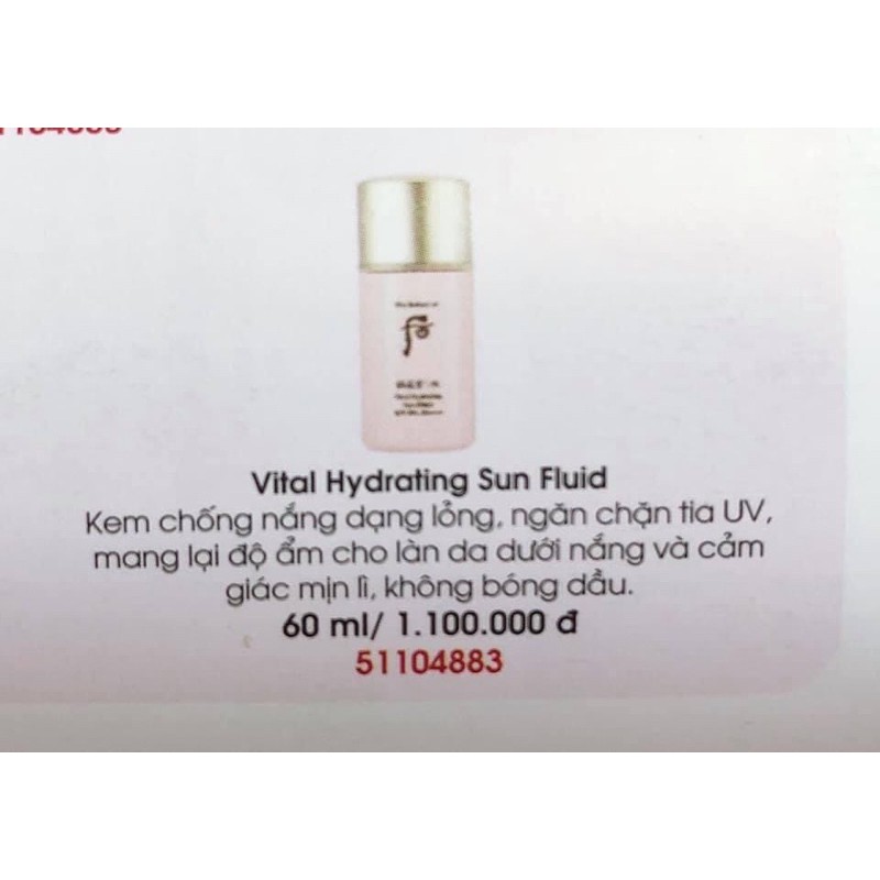 Xả hàng giá sỉ Kem chống nắng Whoo Vital Hydrating Sun Fluid 13ml SPF50+/ PA++++ dạng sữa/ Ohui công ty chính hãng