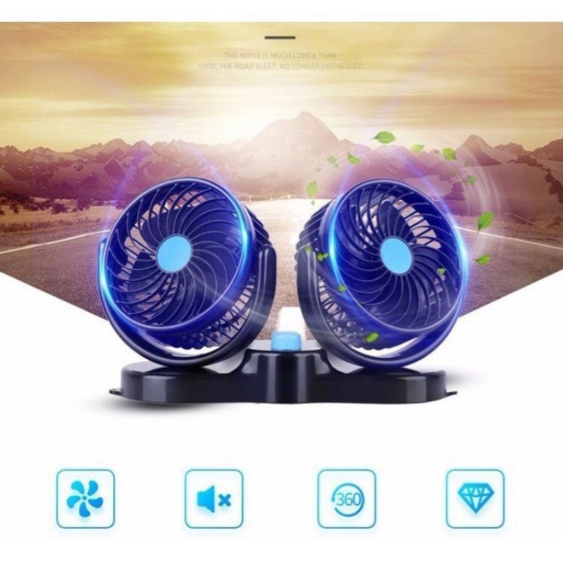 quạt xe ôtô mini đôi 12v xoay thông minh cực mát