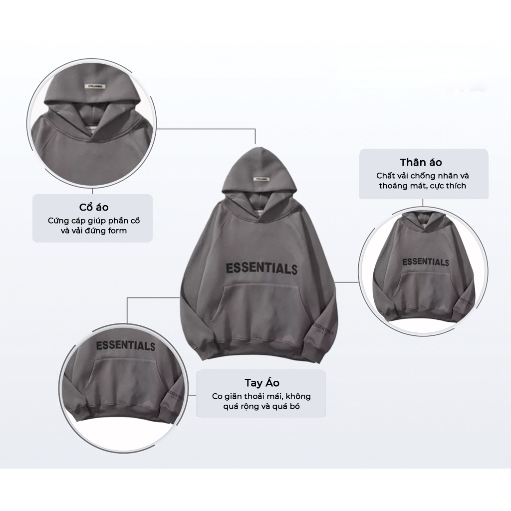 Áo Khoác Hoodie Essentials  Nam Nữ, Form Rộng Unisex Chất Nỉ Bông Dày Màu Xám HDAS 908