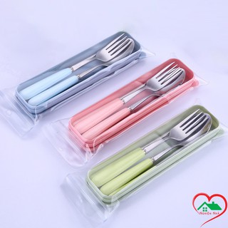 Bộ thìa dĩa cao cấp bằng inox, cán bọc sứ, hàng có sẵn đủ 3 màu xanh dương, xanh lá, hồng
