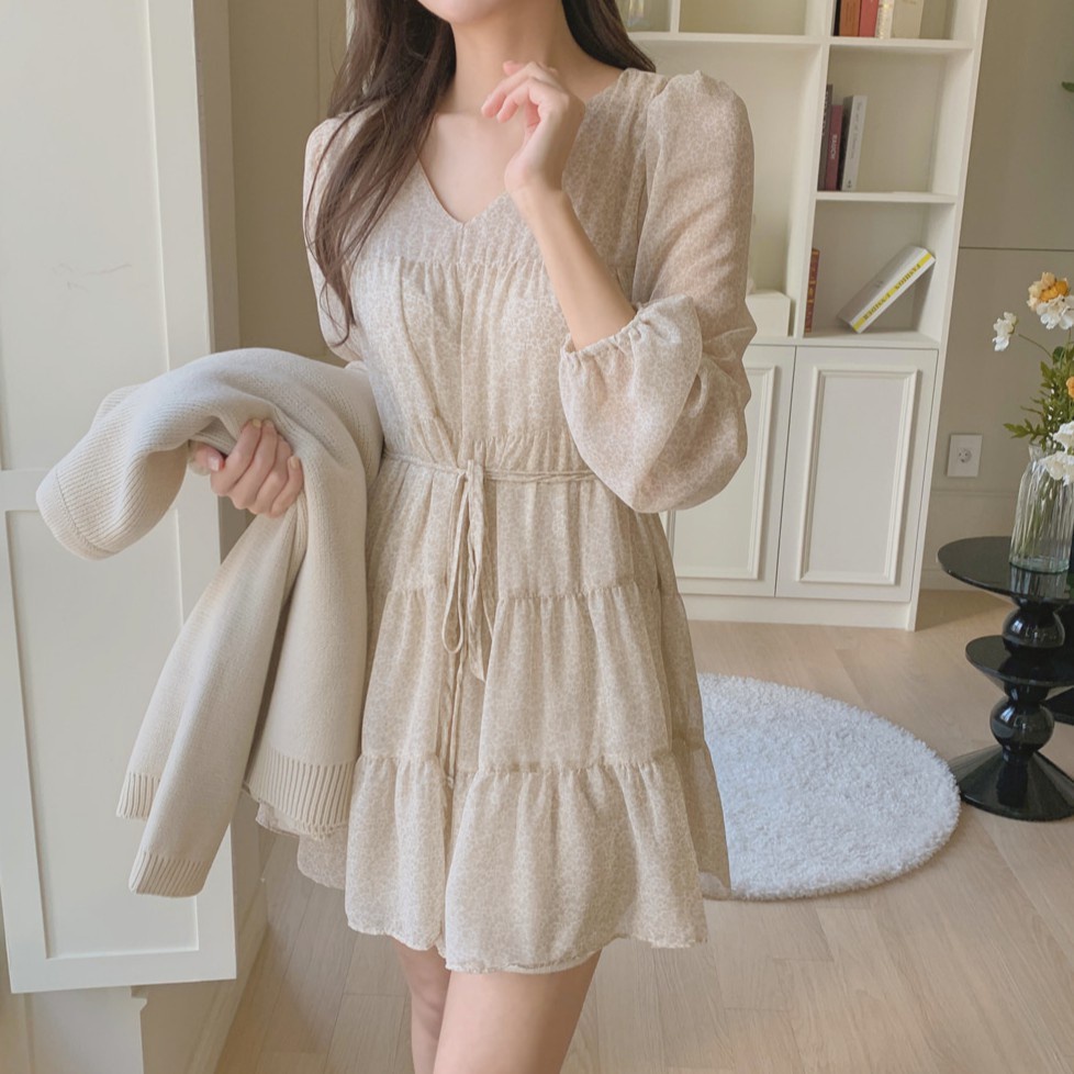 Đầm voan hoa tay dài dáng rộng phong cách thời trang Hàn Quốc 42155