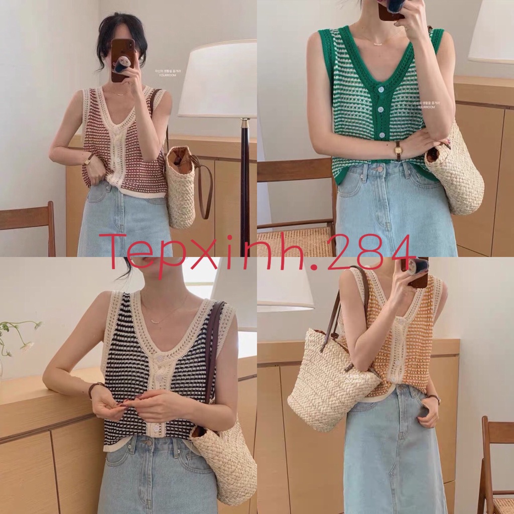 Áo len lưới kiểu sát nách phối viền siêu xinh