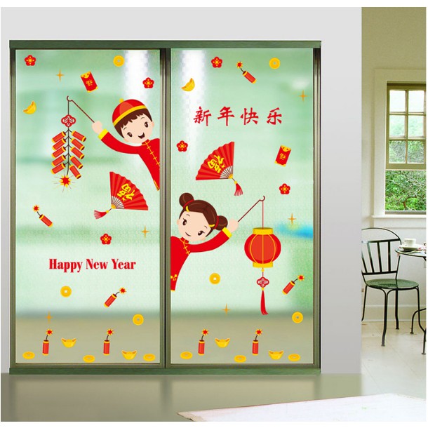 Decal trang trí Tết - Trai Gái vui mừng chào xuân