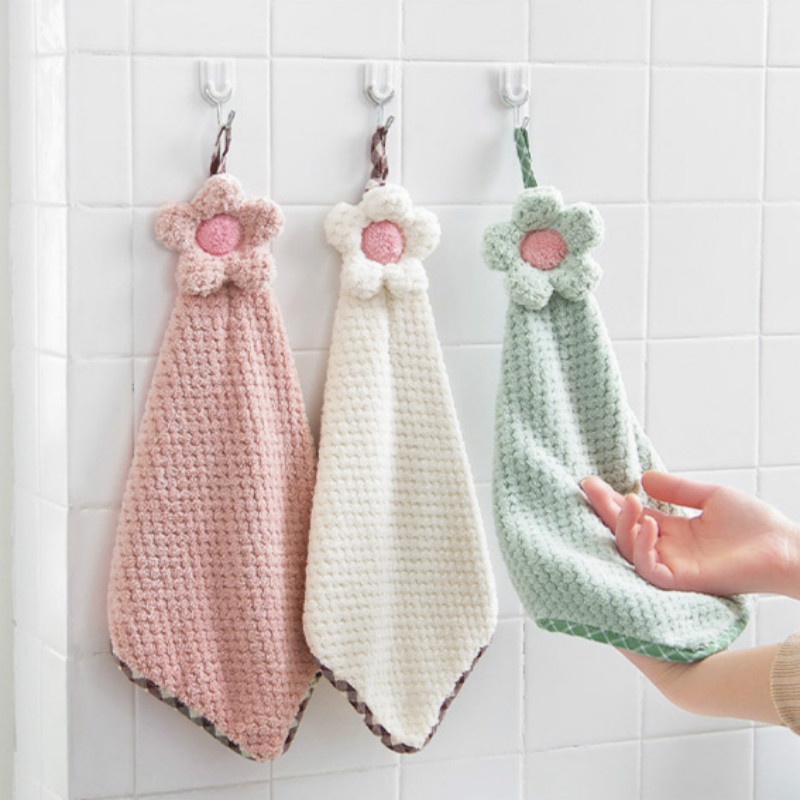 Khăn Lau Tay Cotton Mềm Mại Thấm Hút Tốt Họa Tiết Bông Hoa Màu Trơn Dành Cho Nhà Bếp