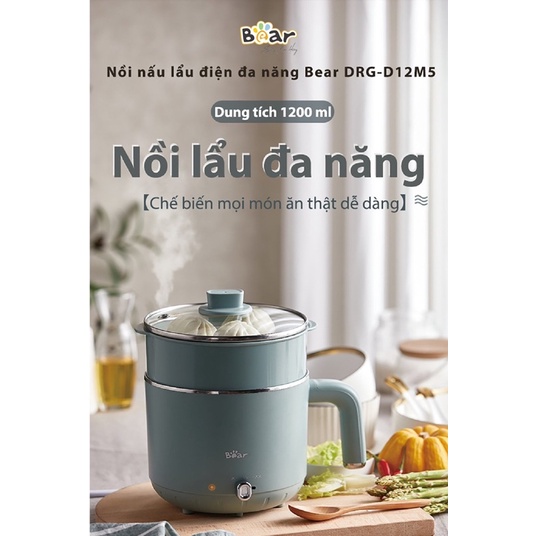 Nồi lẩu mini đa năng 2 tầng Bear DRG-D12M5, Ca nấu lẩu mini gia đình, 3 lớp cách nhiệt, Công nghệ giữ nhiệt kép,Bh 18t.