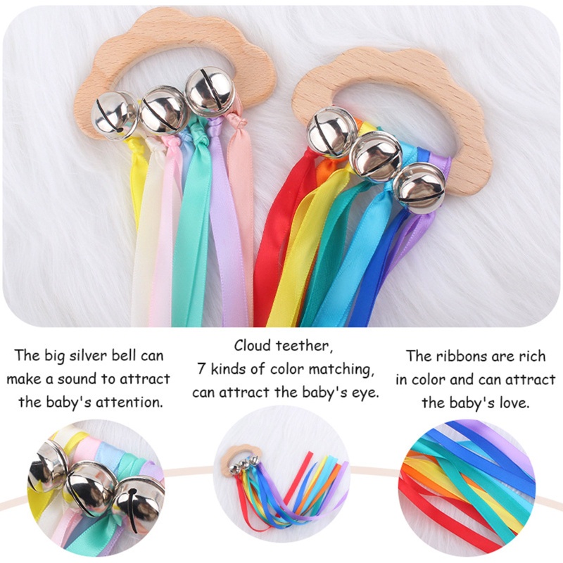 Đồ chơi cắn răng hình đám mây phối dây ruy băng màu cầu vồng có chuông cho trẻ nhỏ