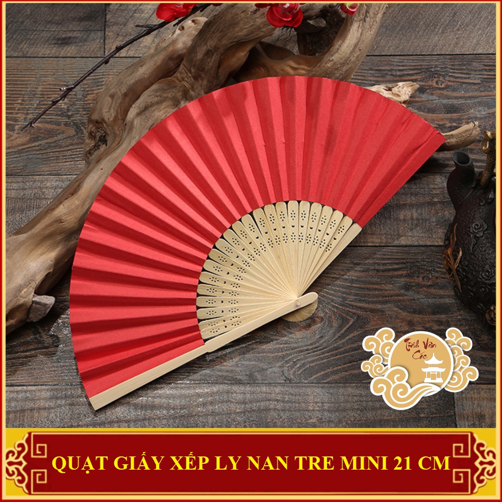 Quạt giấy xếp ly nan tre mini Tĩnh Vân Các màu đỏ