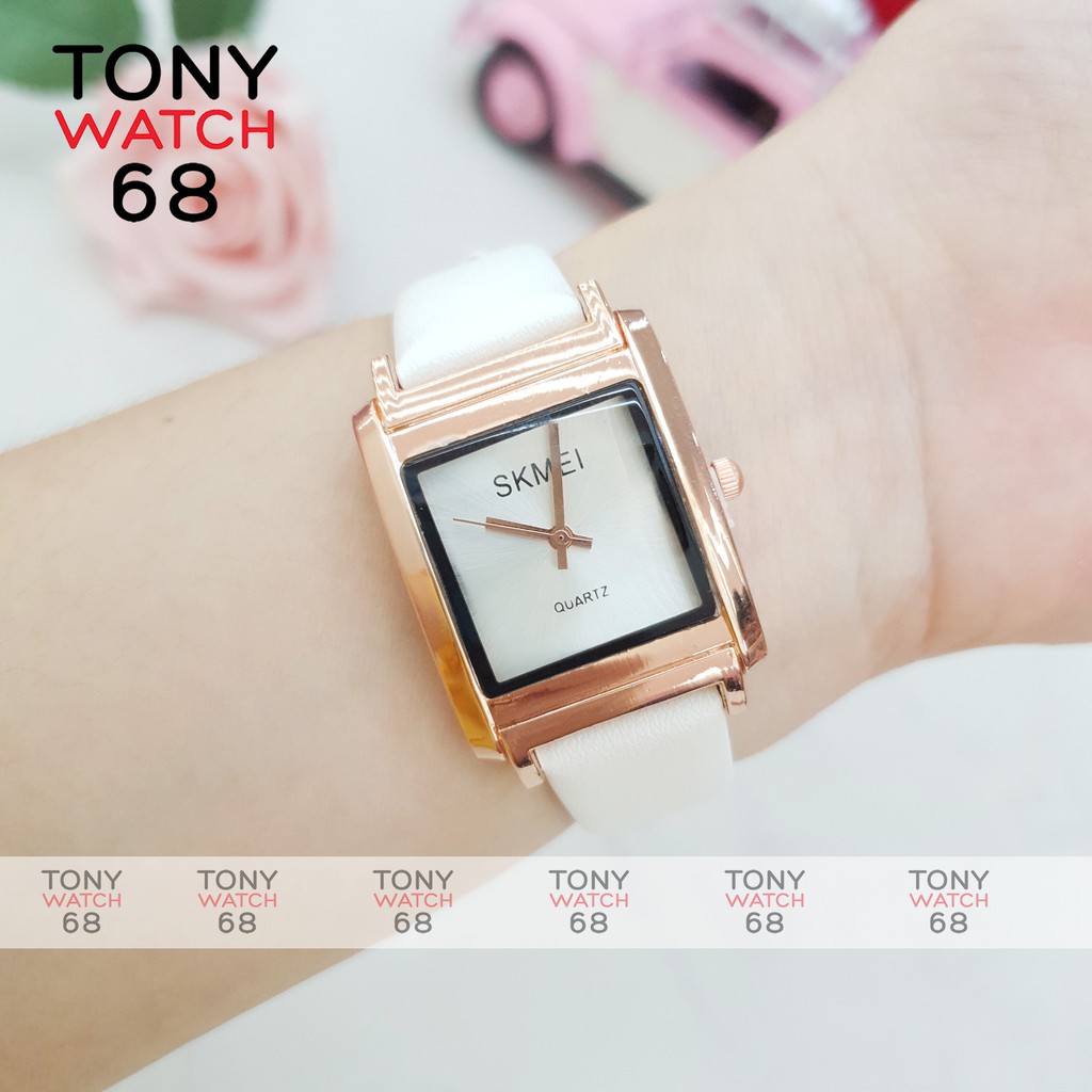 Đồng hồ nữ SKMEI dây da mặt vuông vền vàng chính hãng Tony Watch 68